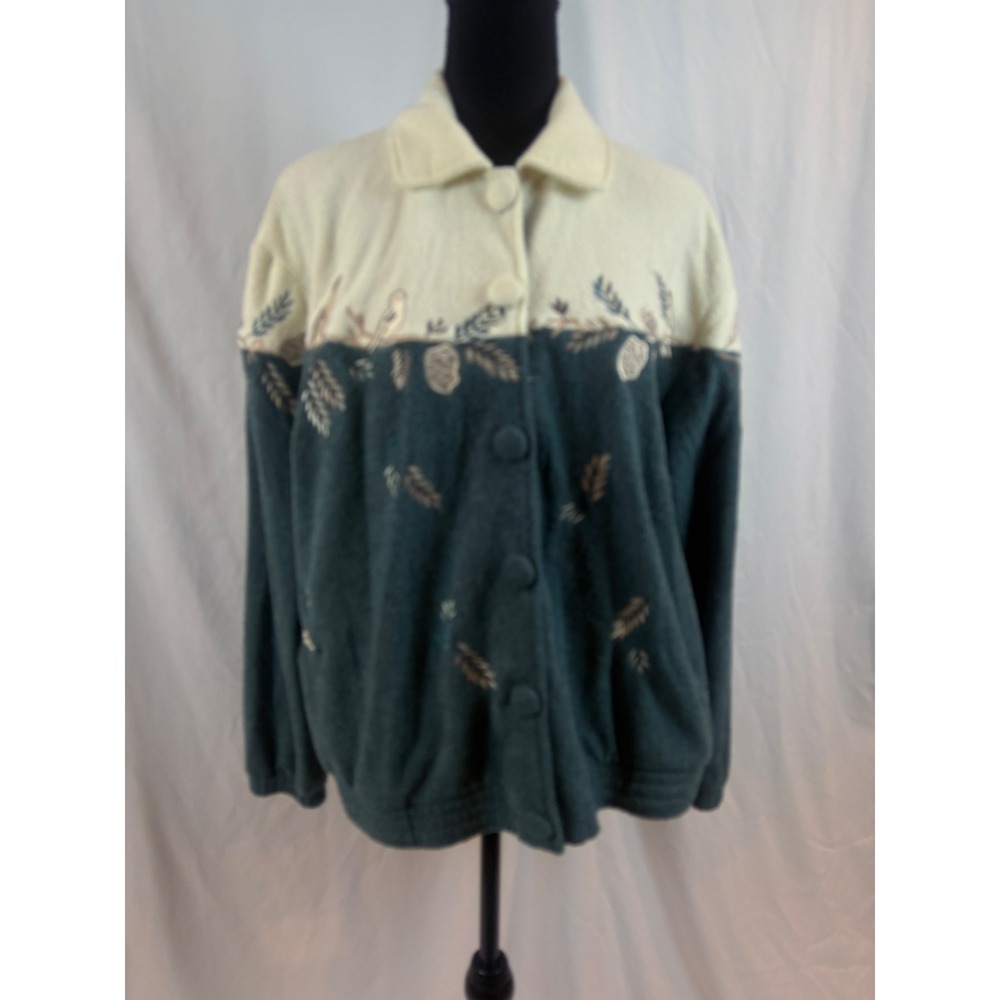 Teddi Vintage Fleece Jacket Womens Medium Green Cream Embroidered Birds 74061‎